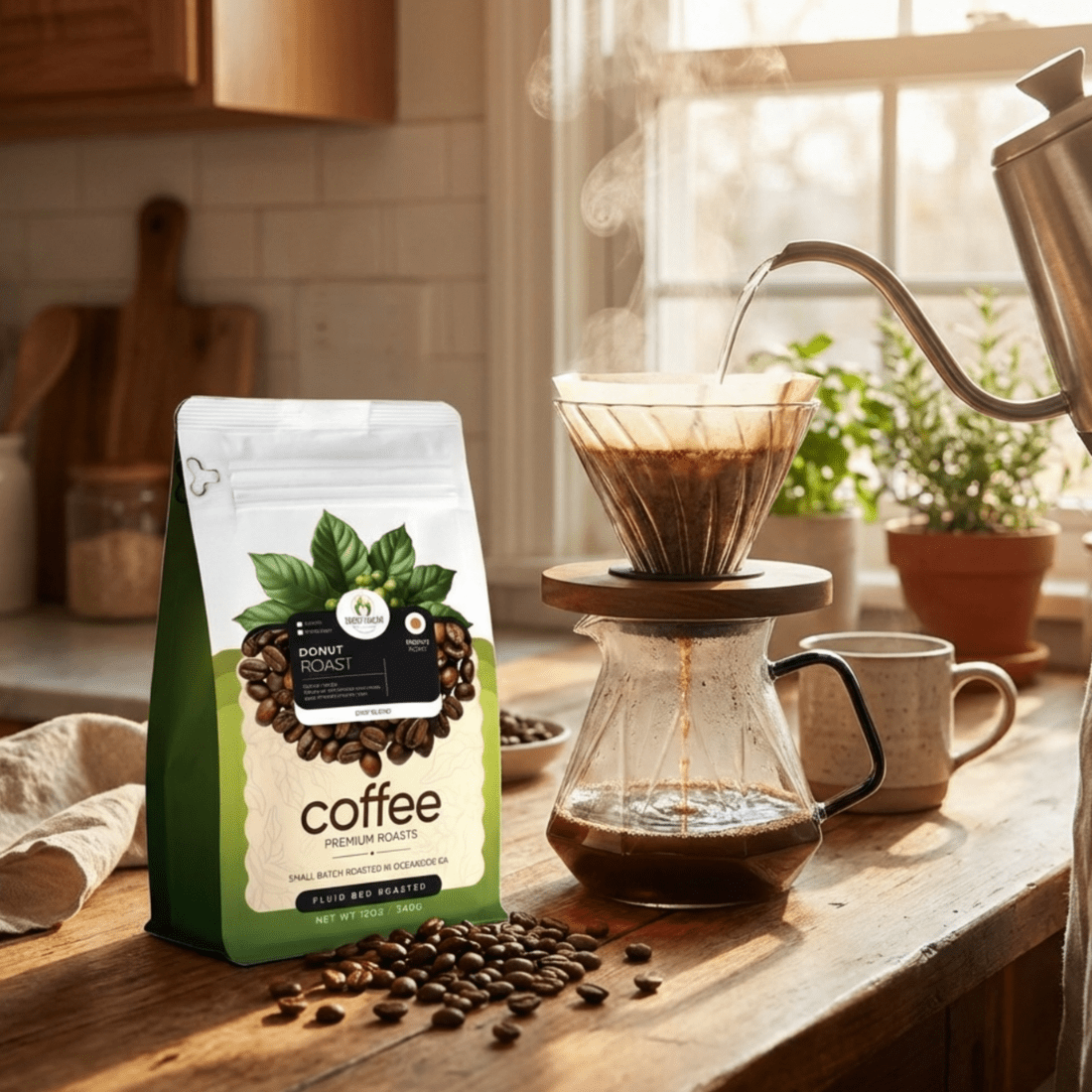 Green to Mean Coffee glass pour over drip coffee maker set with ceramic dripper and coffee carafe on a countertop.