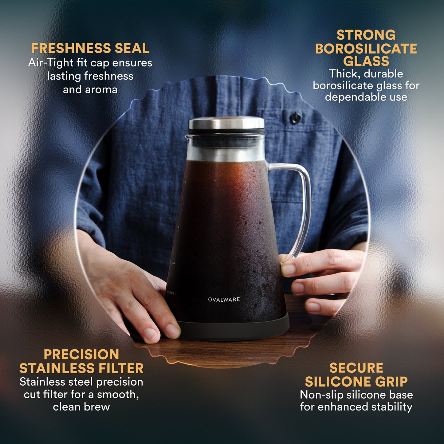 Ovalware Cold Brew Maker with glass pitcher and stainless steel filter for easy homemade cold brew coffee.