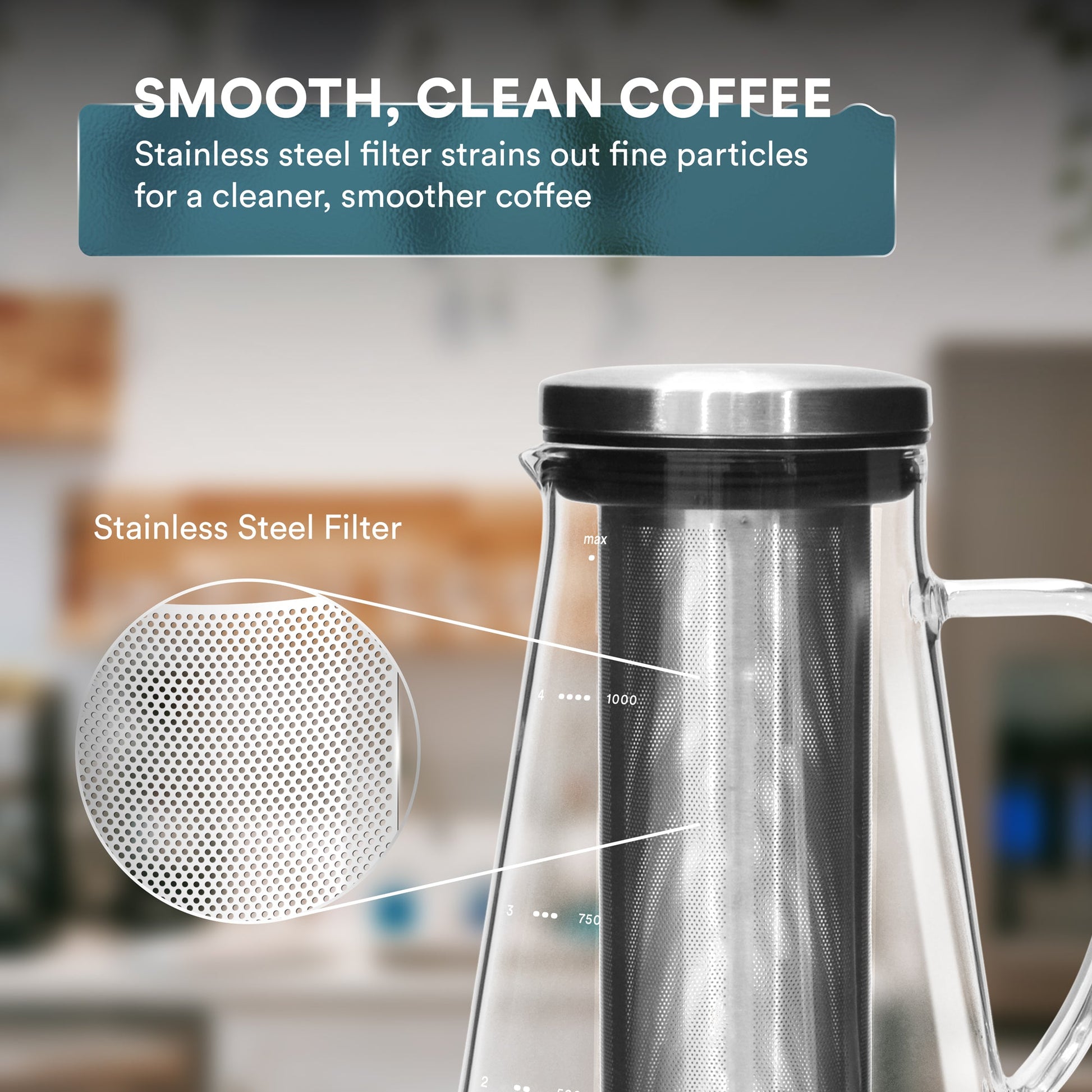 Ovalware Cold Brew Maker with glass pitcher and filter for homemade cold brew coffee.