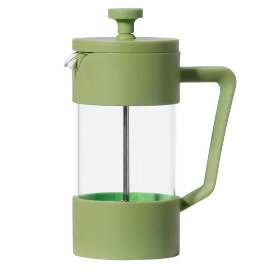 Oggi Green French Press Coffee Maker, 3-cup size, with glass carafe and stainless steel frame, suitable for brewing fresh coffee.