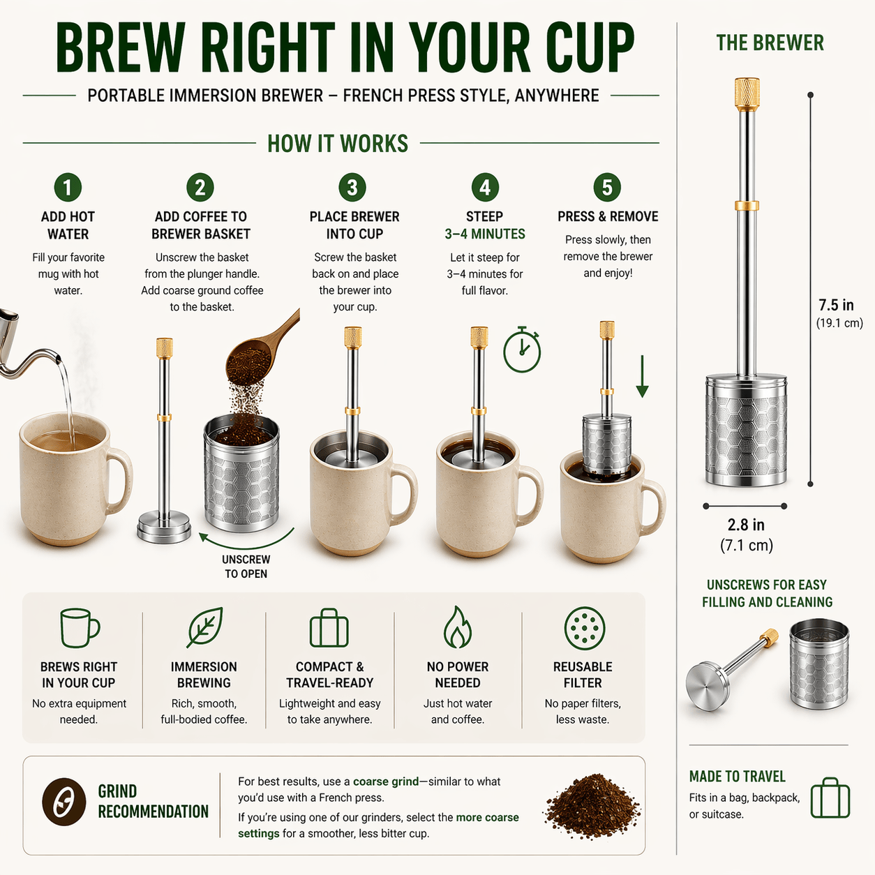 Green to Mean Coffee portable immersion coffee maker with a compact design and stainless steel brewing chamber.
