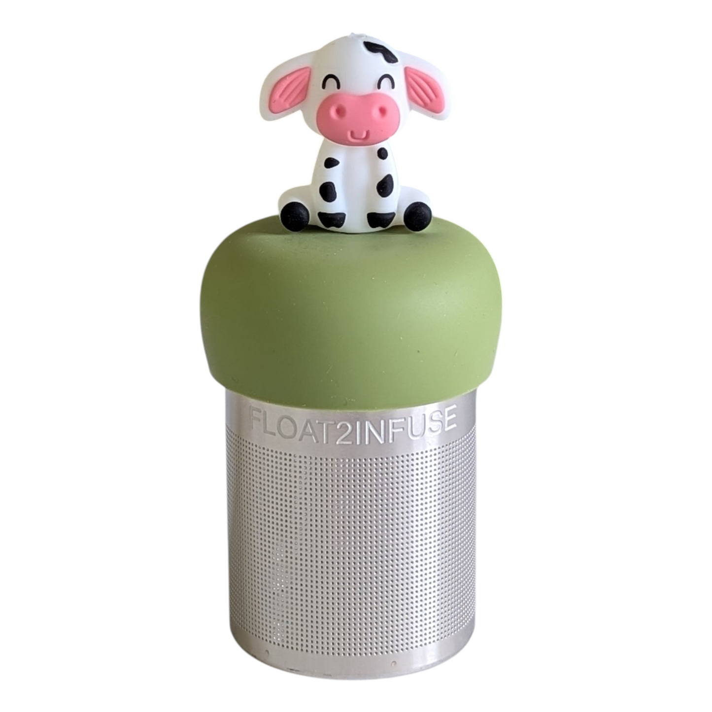 Floating spotted cow tea infuser by Float2infuse LLC, a cute animal-shaped teaware for loose leaf tea brewing.
