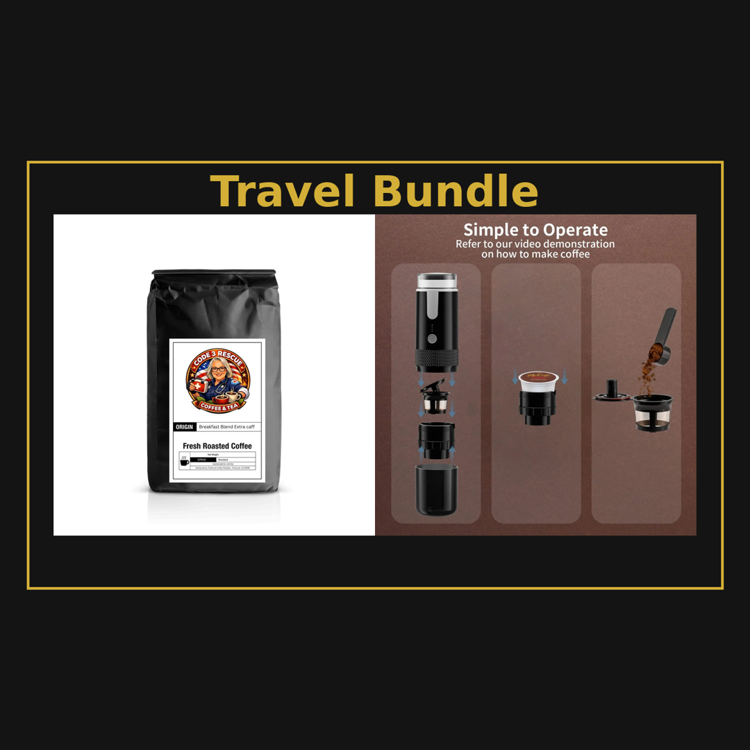 Code 3 Rescue Coffee Breakfast Blend+ bag showing the packaging with vibrant branding and product label for extra caffeine.